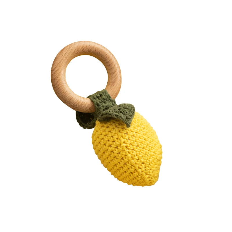 Crochet Fruit Rattle Toy with Wooden Ring for Babies