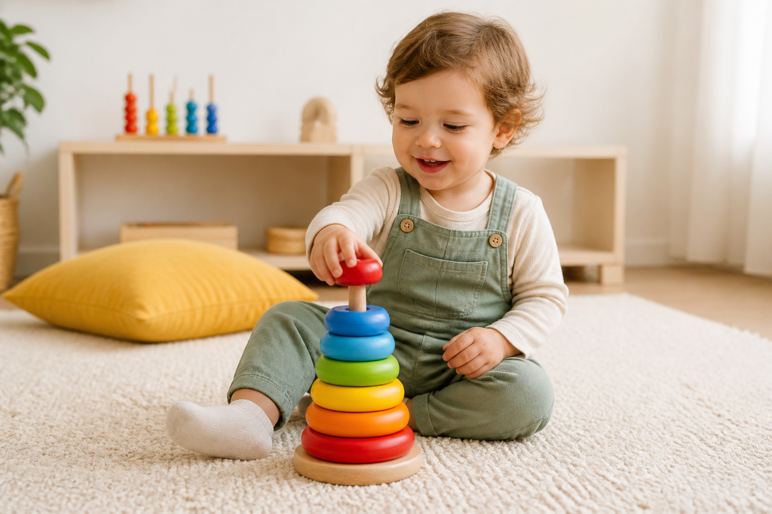 A child discovering a colorful wooden stacking toy