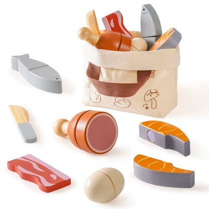 Wooden Pretend Food Cutting Play Set for Kids