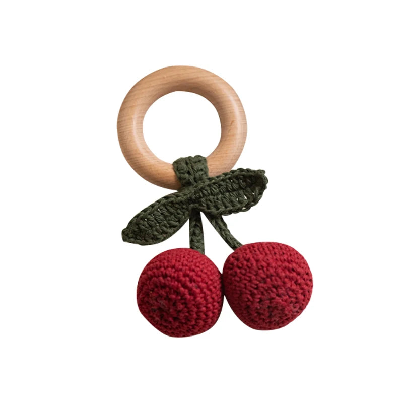 Crochet Fruit Rattle Toy with Wooden Ring for Babies