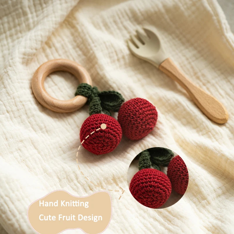 Crochet Fruit Rattle Toy with Wooden Ring for Babies