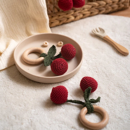 Crochet Fruit Rattle Toy with Wooden Ring for Babies