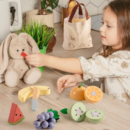 Wooden Pretend Food Cutting Play Set for Kids
