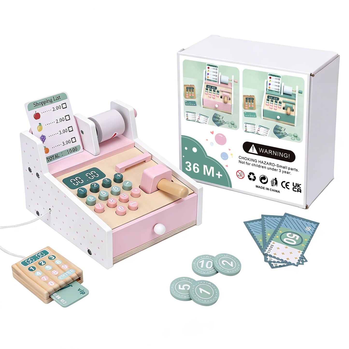 Wooden Cash Register Pretend Play Set for Kids