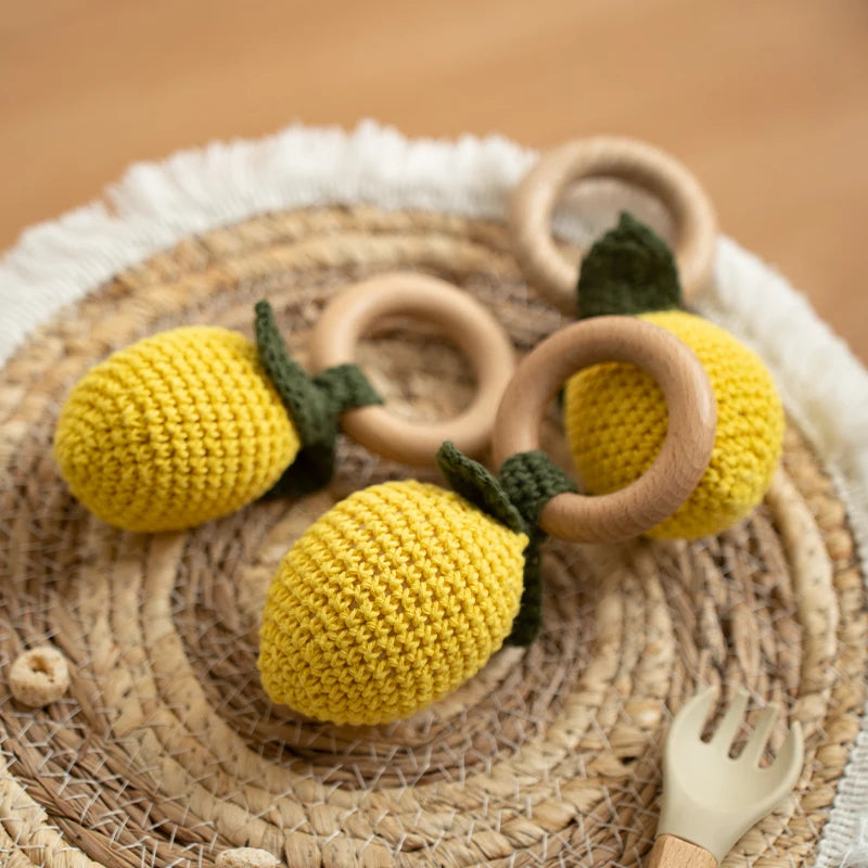 Crochet Fruit Rattle Toy with Wooden Ring for Babies
