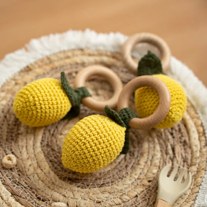 Crochet Fruit Rattle Toy with Wooden Ring for Babies