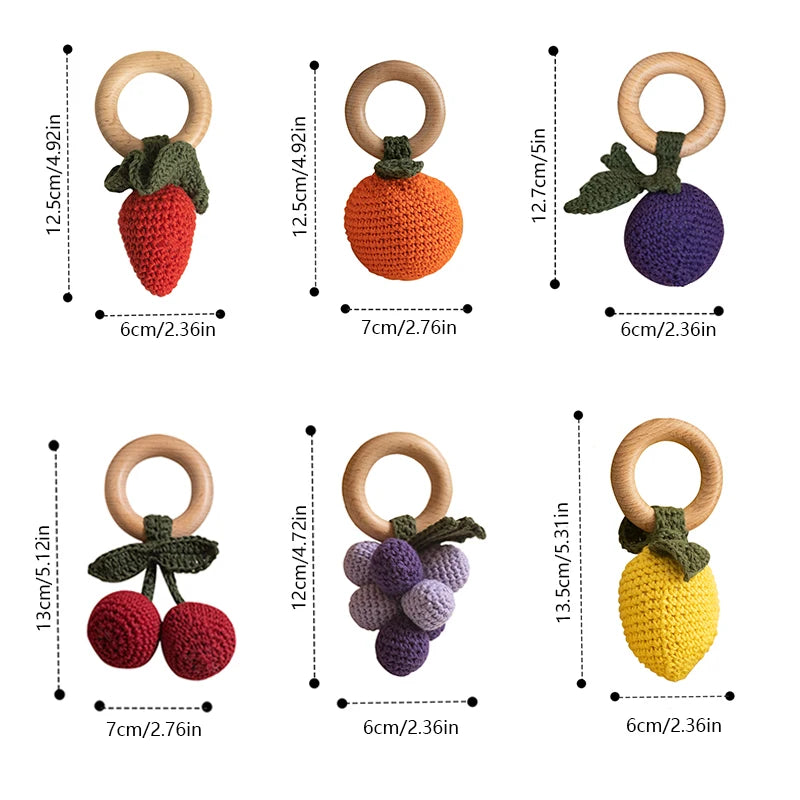 Crochet Fruit Rattle Toy with Wooden Ring for Babies