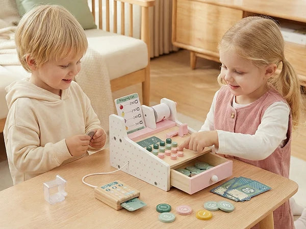 Wooden Cash Register Pretend Play Set for Kids