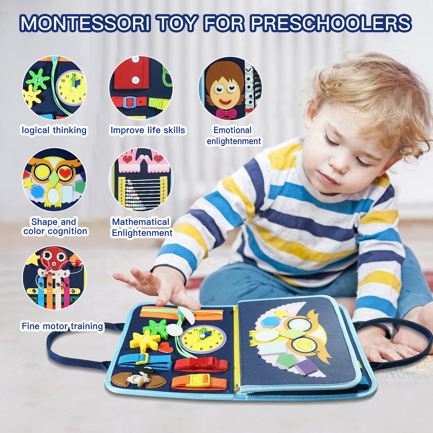 7-in-1 Montessori Busy Board for Kids Ages 3–6