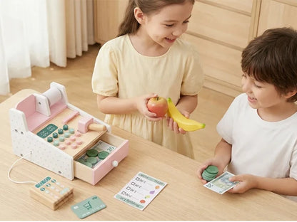 Wooden Cash Register Pretend Play Set for Kids