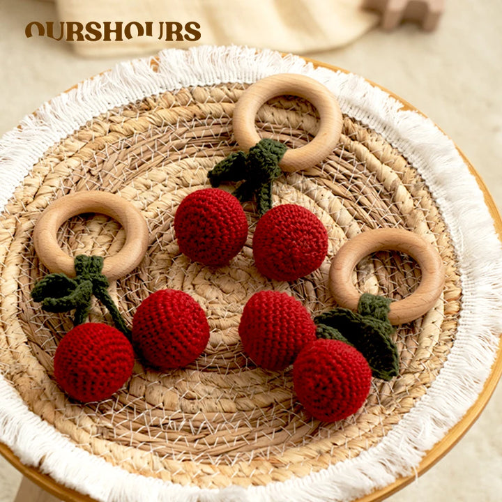Crochet Fruit Rattle Toy with Wooden Ring for Babies