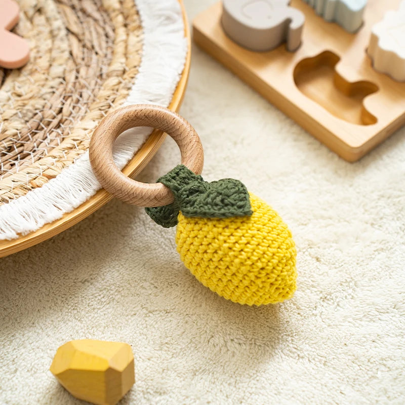 Crochet Fruit Rattle Toy with Wooden Ring for Babies