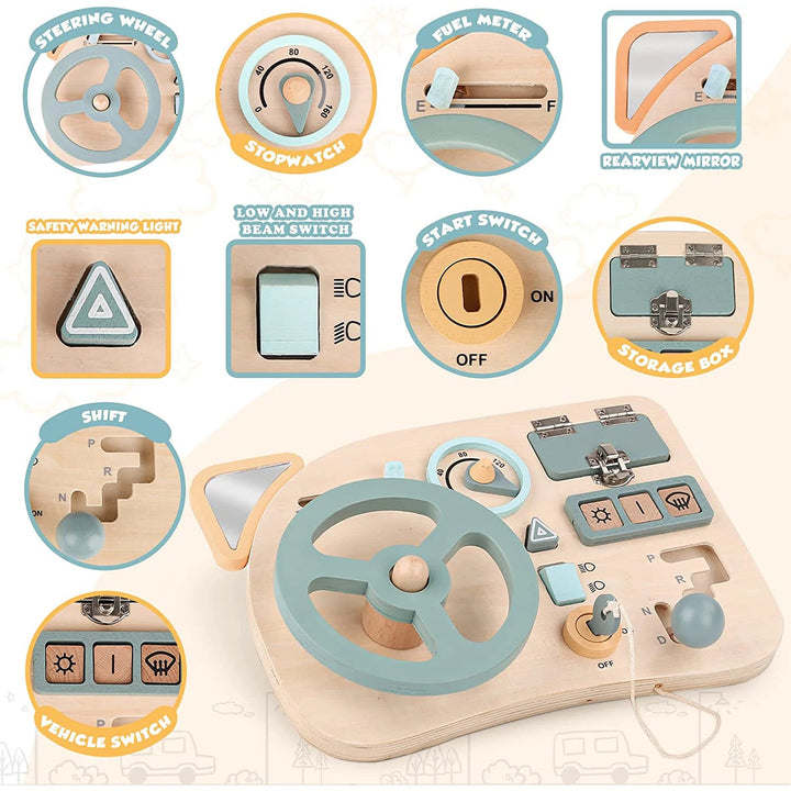 Wooden Steering Wheel Busy Board for Kids Ages 3 to 6