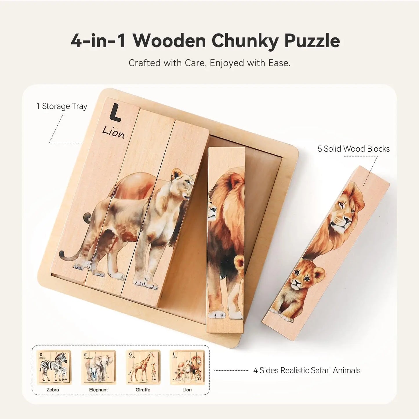 4 in 1 Wooden Safari Animal Puzzle for Kids