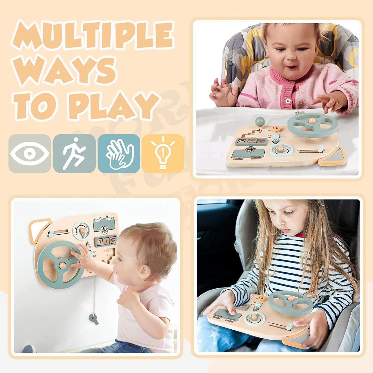 Wooden Steering Wheel Busy Board for Kids Ages 3 to 6