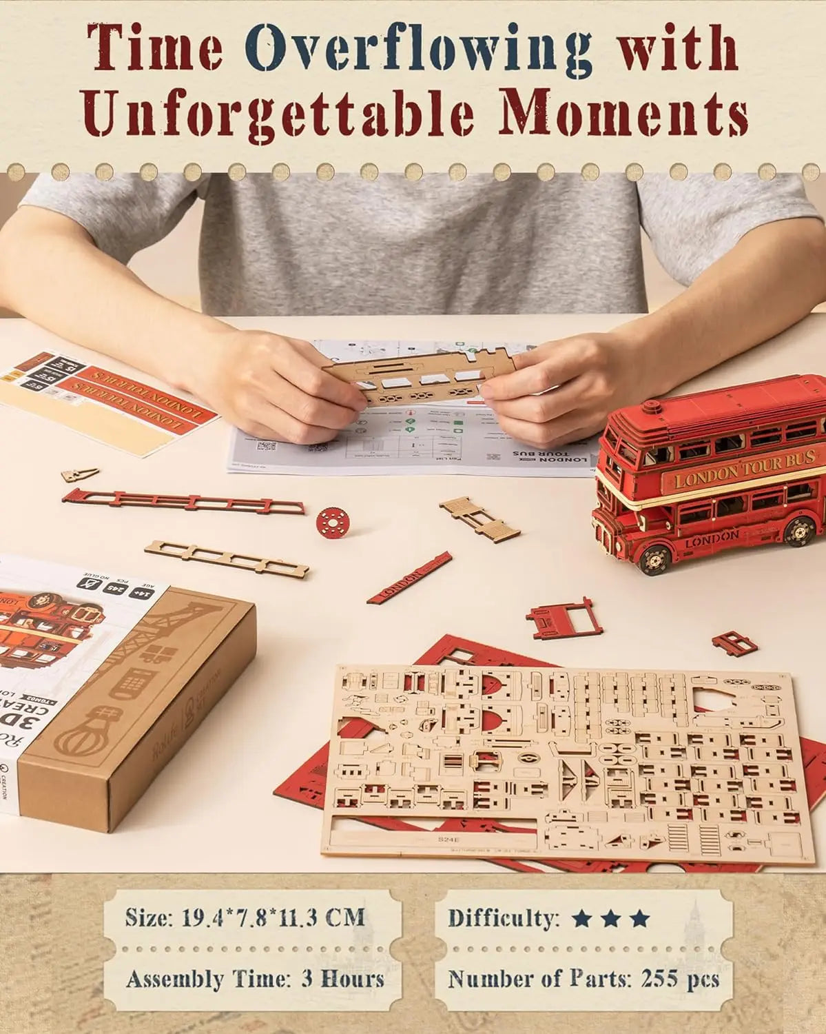 255 Piece Wooden London Bus 3D Model Puzzle