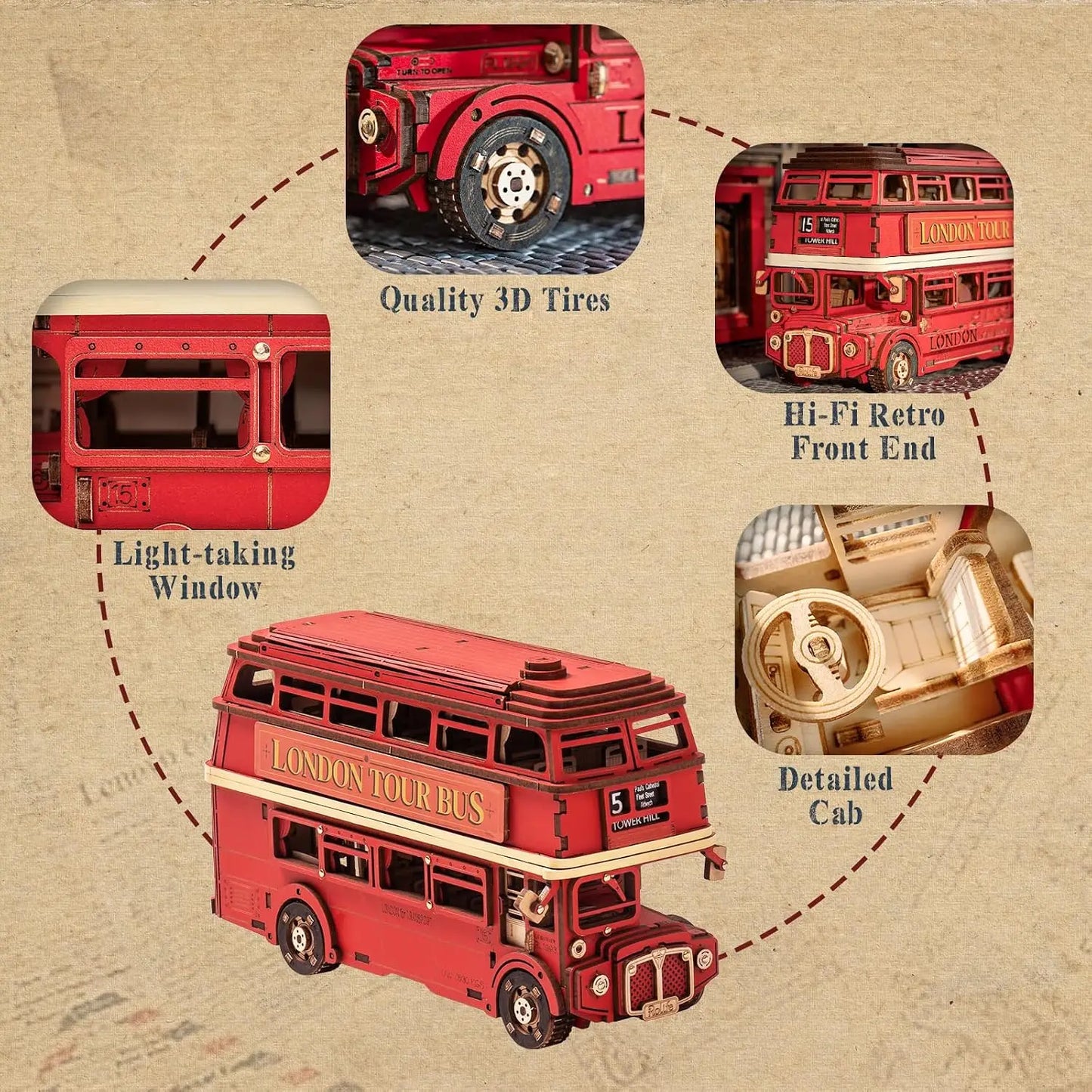 255 Piece Wooden London Bus 3D Model Puzzle