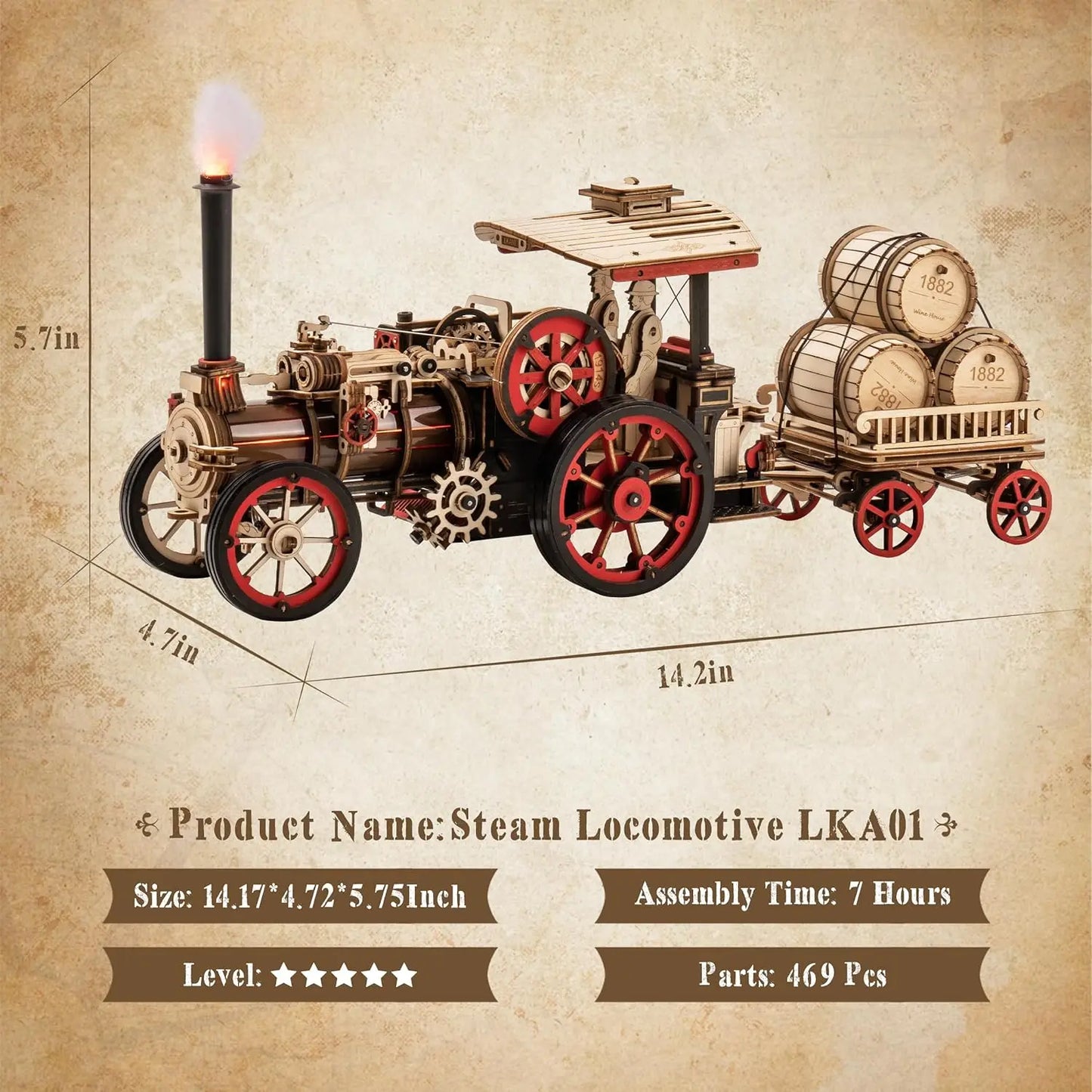 Robotime 469 Piece Mechanical Steam Locomotive 3D Wooden Puzzle