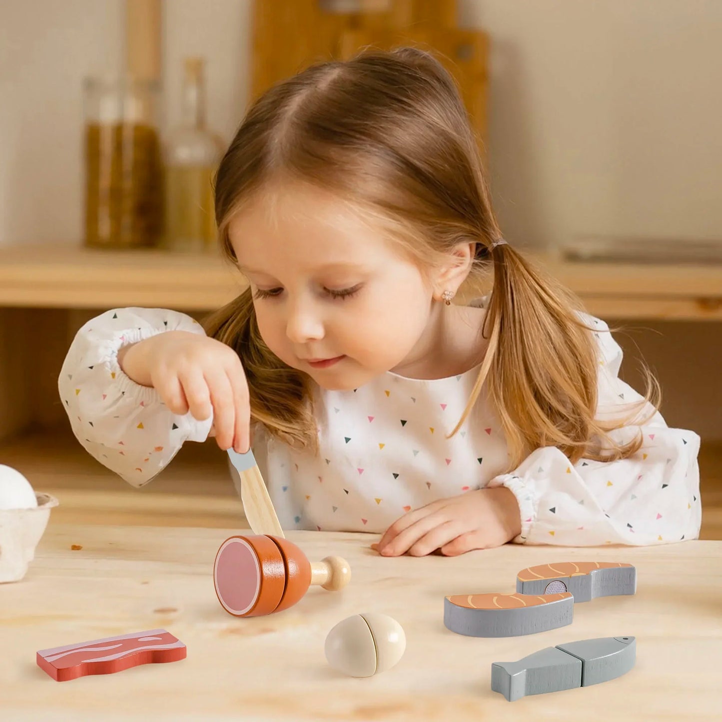 Wooden Pretend Food Cutting Play Set for Kids