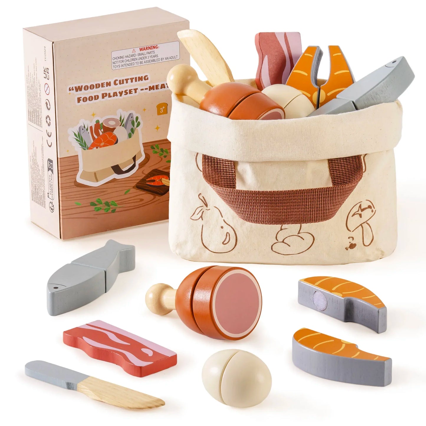 Wooden Pretend Food Cutting Play Set for Kids
