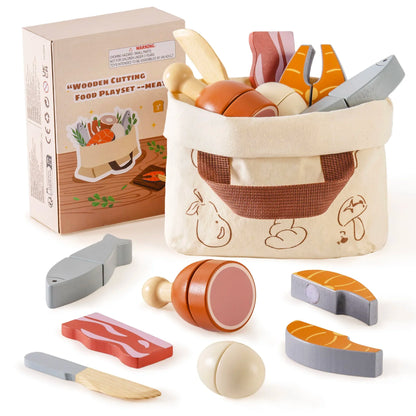 Wooden Pretend Food Cutting Play Set for Kids